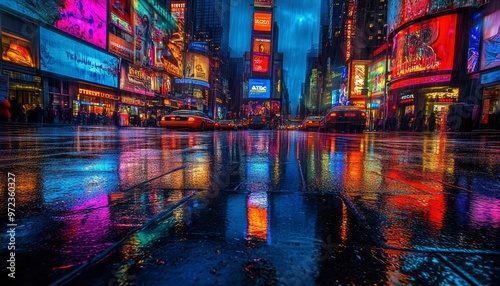 Neon Reflections on a Wet City Street at Night