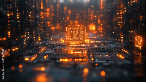A 3D futuristic technology background with floating holographic circuit boards glowing over a metallic surface.