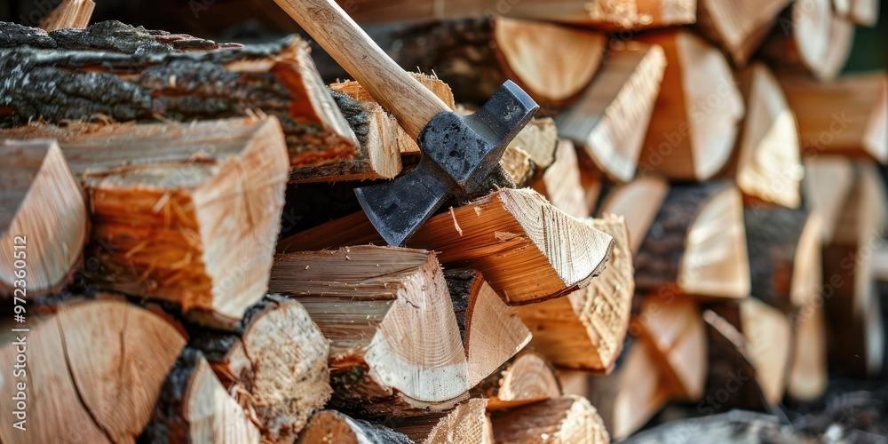 Axe being used to cut timber in a stack. Axe being used to cut timber in a stack.