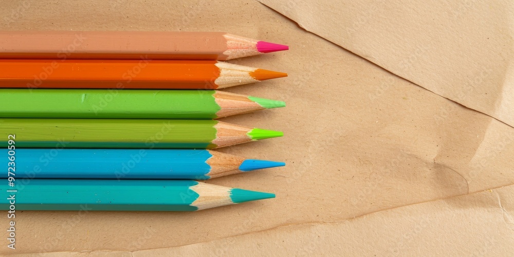 A creative display of colorful pencils on a natural recycled paper background, emphasizing art and education. A creative display of colorful pencils on a natural recycled paper background, emphasizing art and education.