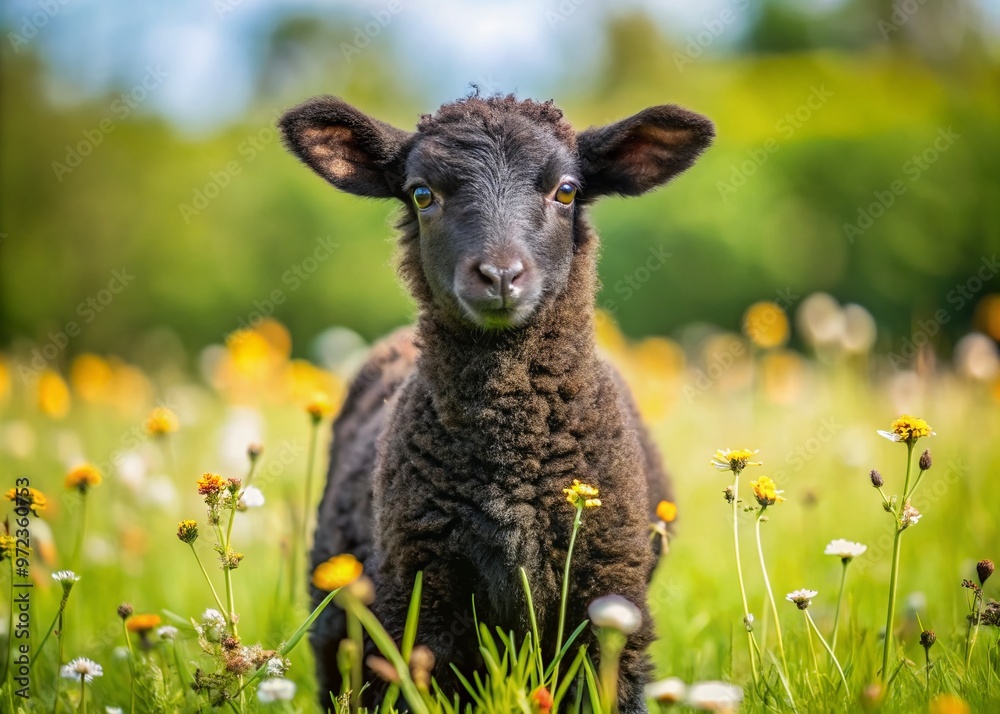 Adorable black lamb with soft, fluffy fur and curious brown eyes grazes in a lush green meadow surrounded Adorable black lamb with soft, fluffy fur and curious brown eyes grazes in a lush green meadow surrounded