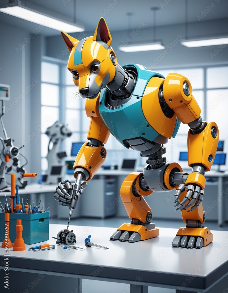 African engineer using a screwdriver to construct a robot dog concept in a high-tech research laboratory diverse professional African engineer using a screwdriver to construct a robot dog concept in a high-tech research laboratory diverse professional