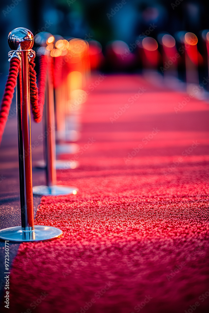 Red carpet with red rope barrier in a row. VIP event