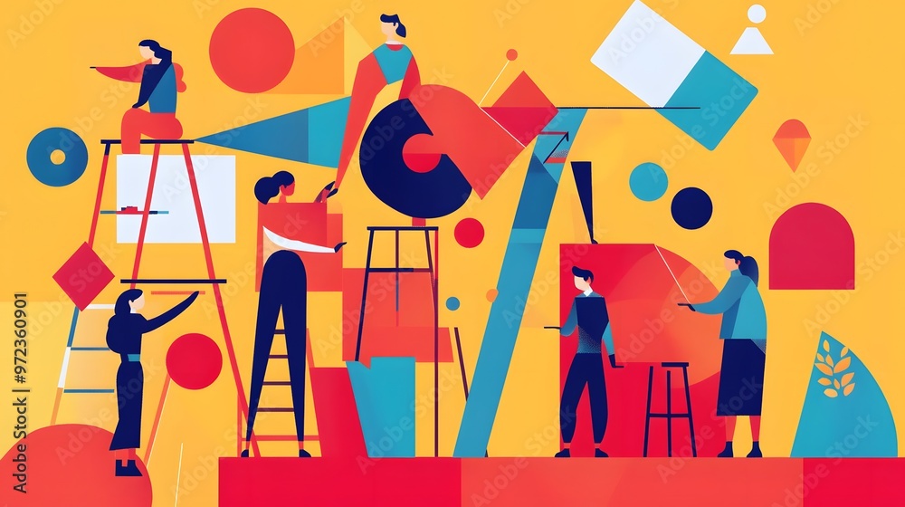 A Group of People Building with Geometric Shapes on a Yellow Background A Group of People Building with Geometric Shapes on a Yellow Background