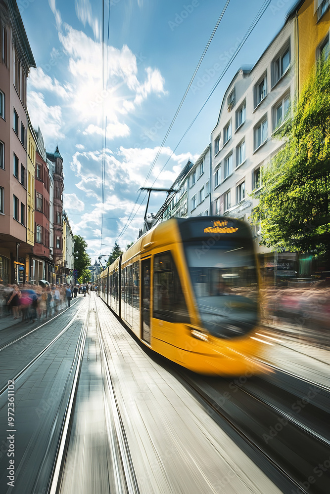 Fototapeta premium Tram in a German city, sunny day, many blurry people due to long exposure photography,