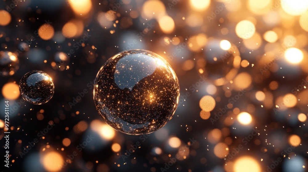 A 3D abstract background with smooth spheres and dynamic light reflections in a futuristic dark environment. A 3D abstract background with smooth spheres and dynamic light reflections in a futuristic dark environment.