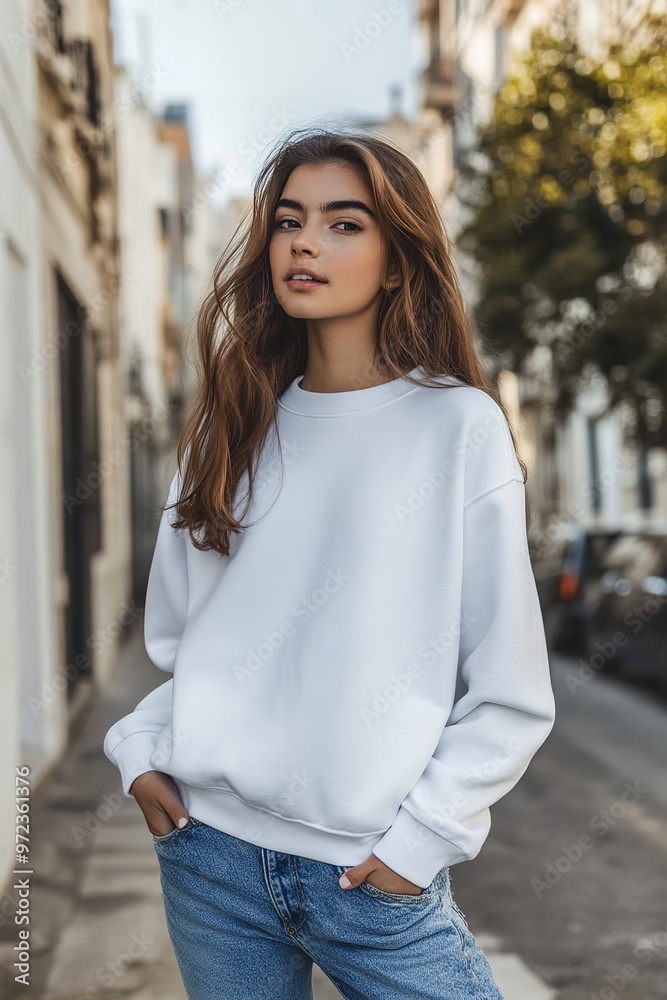 Young woman girl white crewneck sweatshirt mockup Young woman girl white crewneck sweatshirt mockup