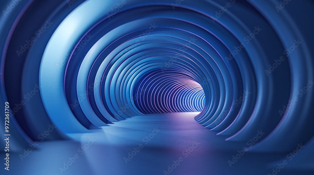 Fototapeta premium A mesmerizing blue tunnel with intricate curves and soft lighting, creating a captivating and modern atmosphere for creative projects. Product presentation background.