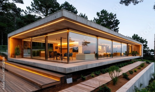 Minimalist Modern House in Pine Forest, Portugal at Dusk