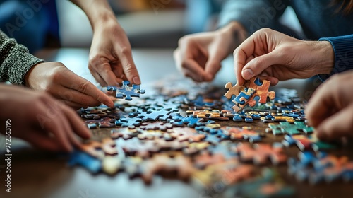 Close-up of hands placing puzzle pieces on a table.