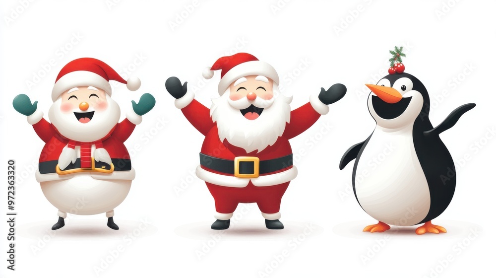 Fototapeta premium Christmas character vector set with Santa Claus, snowman, and penguin, each smiling
