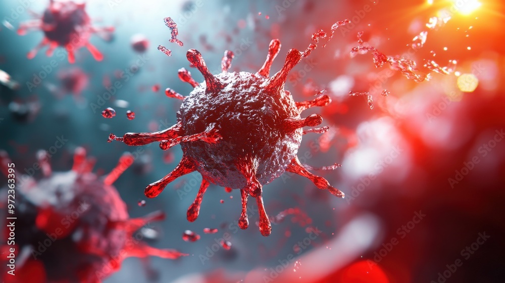 A red virus is shown in a close up A red virus is shown in a close up