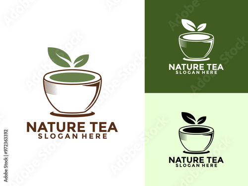 Nature Green Tea with Cup and Leaf Logo vector, Premium quality organic tea logo template