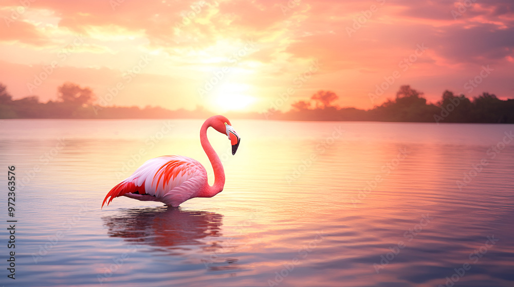 Fototapeta premium An elegant flamingo wading in a serene lake at sun