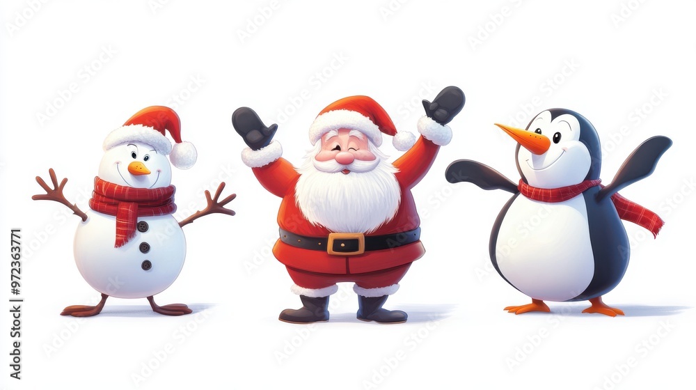 Christmas vector art with Santa Claus, snowman, and penguin characters,