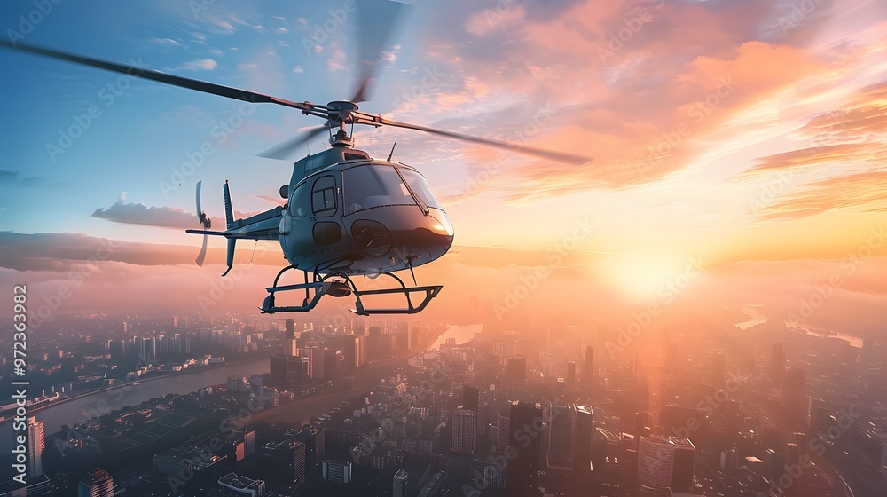 Helicopter in Flight: A helicopter flying through the sky with the cityscape below. 
