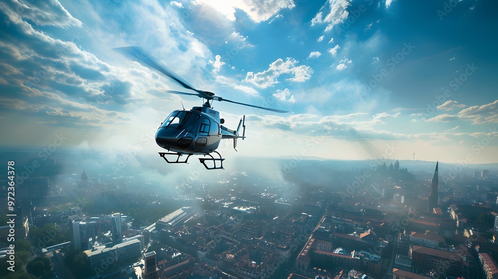 Fototapeta premium Helicopter in Flight: A helicopter flying through the sky with the cityscape below. 