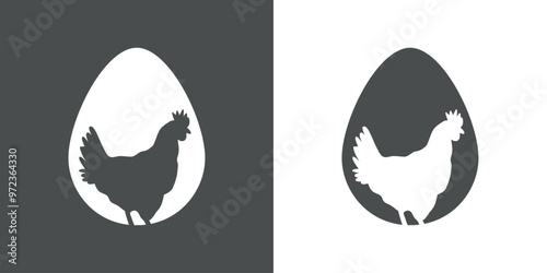 Logo animal de granja. Silueta de huevo con gallina en espacio negativo