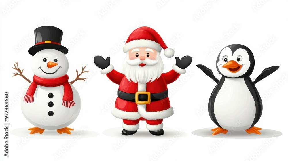 Christmas vector set featuring Santa Claus, a snowman, and a penguin, each standing, Christmas vector set featuring Santa Claus, a snowman, and a penguin, each standing,