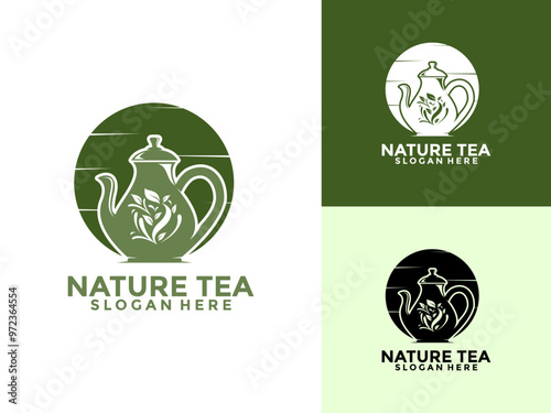 Teapot green tea leaf logo icon design template flat vector. Vector Tea logo template