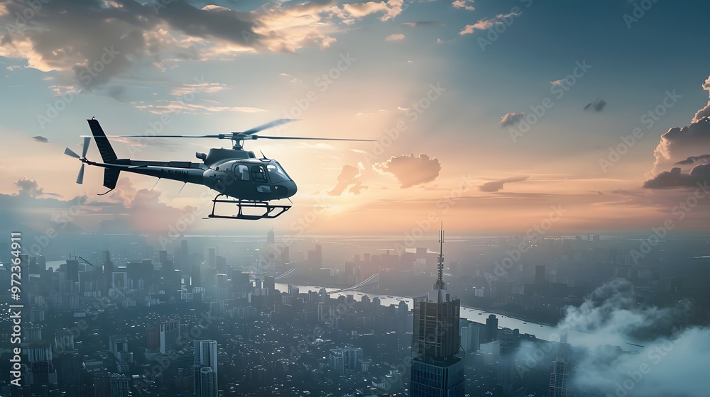 Helicopter in Flight: A helicopter flying through the sky with the cityscape below.
Helicopter in Flight: A helicopter flying through the sky with the cityscape below.