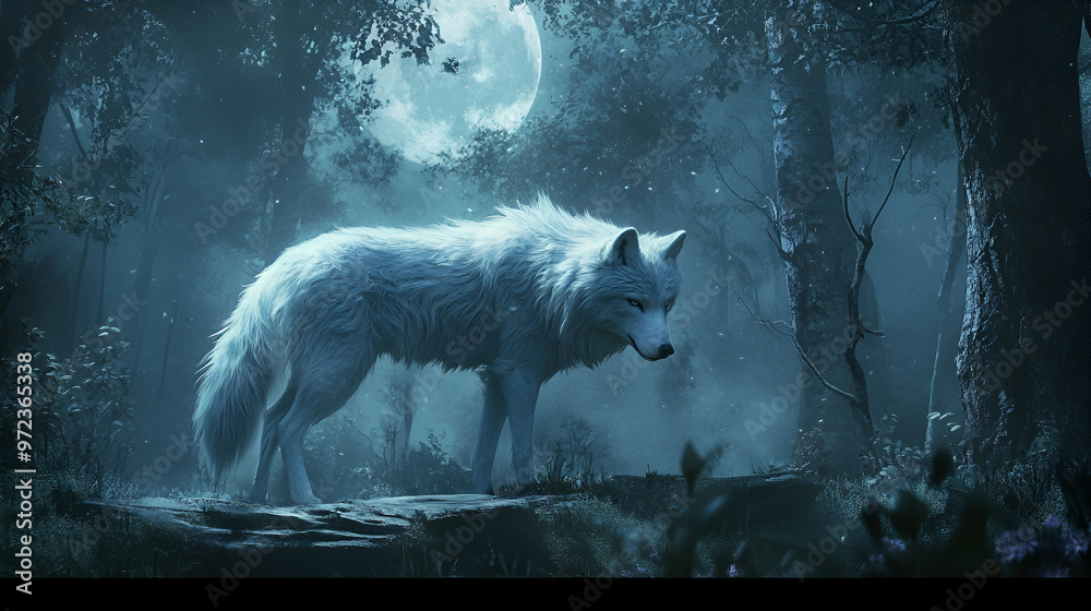 Fototapeta premium An ethereal white wolf wandering through a moonlit