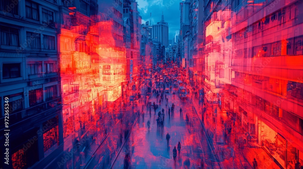 Obraz premium Heatmap of a shopping district, with intense reds and oranges marking the busiest stores and cooler blues in the less frequented areas. 4K hyperrealistic photo.