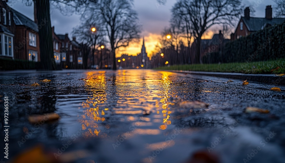 Reflections of Streetlights in a Puddled Road During Twilight Reflections of Streetlights in a Puddled Road During Twilight