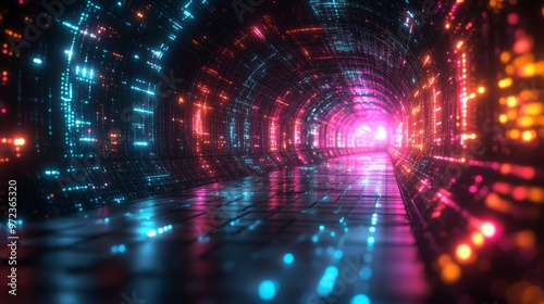 Digital tunnel glowing with neon lights showing big data concept