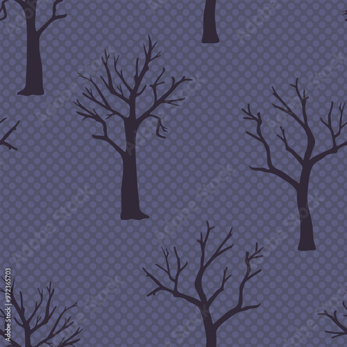 Spooky trees vector seamless pattern. Hand drawn bare dead creepy tree dark silhouettes on textured dotted purple background for Halloween designs. Old haunted forest repeat tile illustration