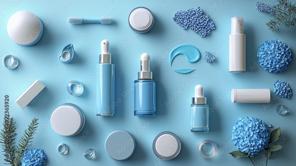 Blue Skincare Products and Flowers Mockup on Light Blue Background Blue Skincare Products and Flowers Mockup on Light Blue Background