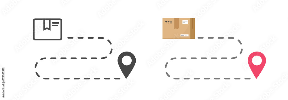 Order delivery route path way icon vector simple graphic illustration set, flat cartoon cargo freight parcel box shipping logistics location tracking pointer sign symbol image clip art, courier destin Order delivery route path way icon vector simple graphic illustration set, flat cartoon cargo freight parcel box shipping logistics location tracking pointer sign symbol image clip art, courier destin