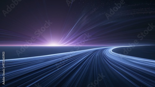 A stunning abstract landscape showcasing a glowing horizon with dynamic light trails and deep cosmic colors, evoking motion and energy. Product presentation background.