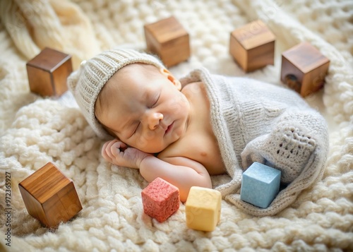 Adorable newborn baby lying on a soft blanket, eyes closed, amidst a bundle of baby blocks and toys, photo