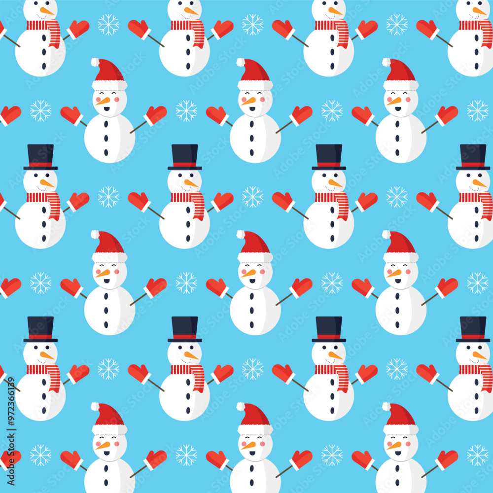 Christmas seamless pattern with cute snowman and snowflakes on blue background. Merry Christmas.