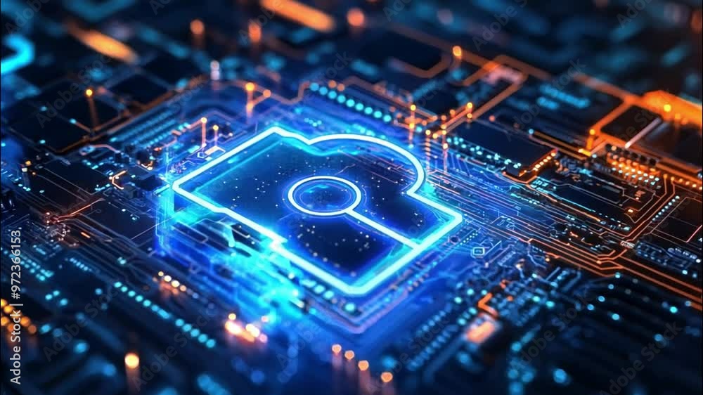 A Blue Cryptocurrency Symbol Embedded in a Circuit Board