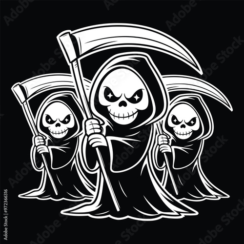 Three Grim reapers illustration with scythes