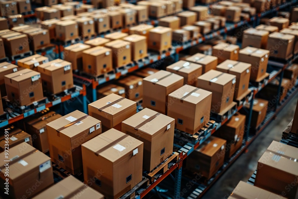 Cardboard Boxes Stacked on Shelves in Distribution Center Cardboard Boxes Stacked on Shelves in Distribution Center