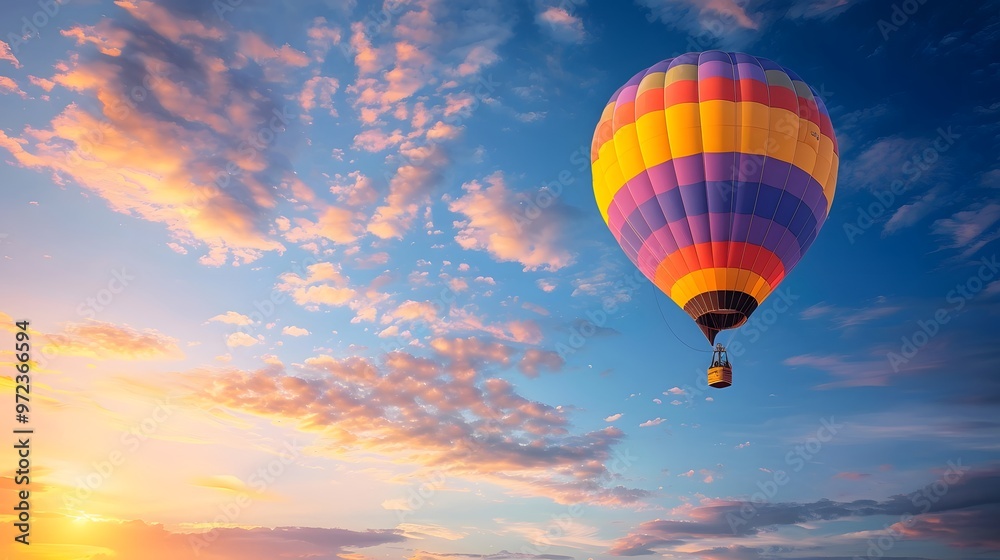 Fototapeta premium Hot Air Balloon at Sunrise: A vibrant hot air balloon floating gracefully in the sky at sunrise. 