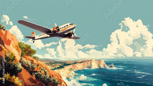 Vintage style illustration of a plane flying over a beautiful ocean coastline.