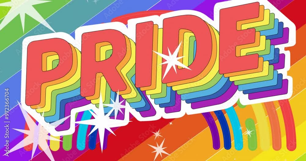 Animation of pride lgbtq text and stars falling over rainbow background Animation of pride lgbtq text and stars falling over rainbow background