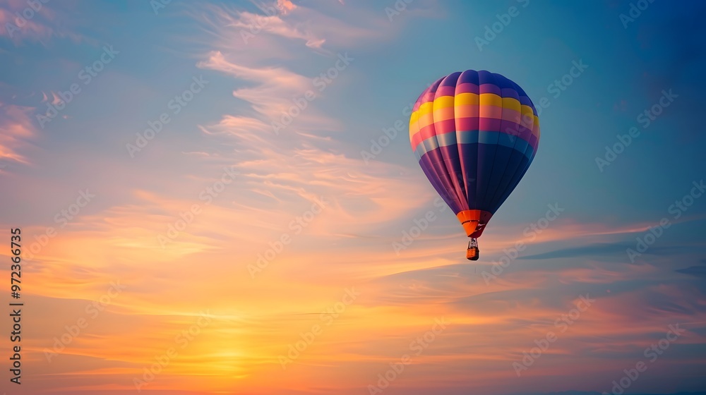 Fototapeta premium Hot Air Balloon at Sunrise: A vibrant hot air balloon floating gracefully in the sky at sunrise. 