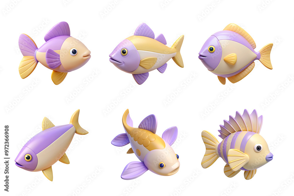 fish set collection icon soft yellow and purple color in plastic 3d style fish set collection icon soft yellow and purple color in plastic 3d style