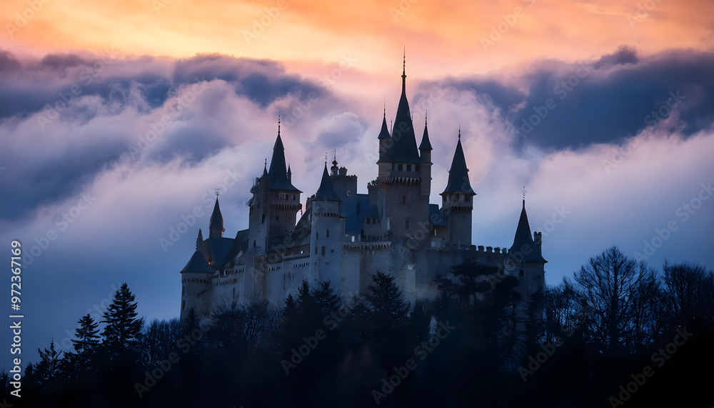 Majestic castle silhouetted against dramatic sunset sky
Majestic castle silhouetted against dramatic sunset sky