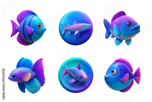 fish set collection icon vibrant purple color in plastic 3d style