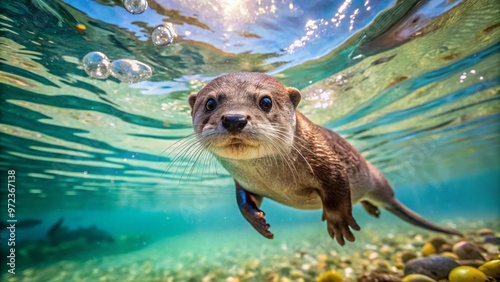 Adorable small-clawed otter swims in crystal-clear water, its sleek fur glistening in the sunlight, as it plays with photo