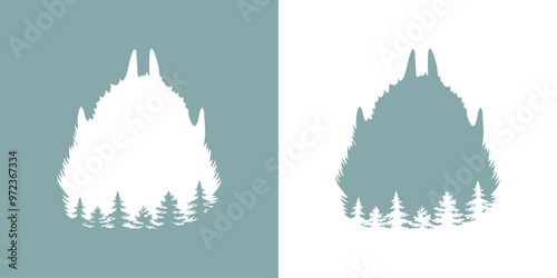 Logo vida salvaje. Garras de lobo con pelaje. Paisaje con silueta de pisada de lobo con bosque de árboles tipo pino o abeto en espacio negativo