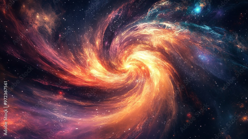 Fototapeta premium A swirling vortex of colors in space, filled with stars, dust, and glowing elements depicting an energetic and dynamic cosmic event