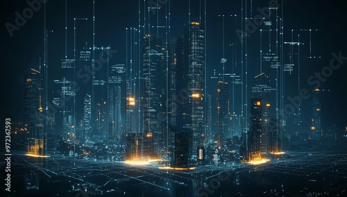 Wallpaper Mural Cityscape with wireless network connection and cityscape. Big data connection technology concept. Wireless network and connection technology concept with city background at night. Torontodigital.ca