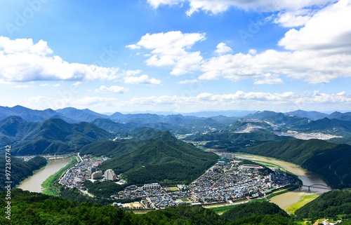 Danyang-gun, Jecheon-si, Chungcheongbuk-do, South Korea - July 26, 2015: Aerial view of downtown Danyang and Namhan River photo